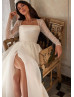 Long Sleeves Ivory Glitter Lace Organza Slit Wedding Dress